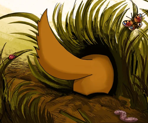 Badger’s tail poking out of a burrow in long grass